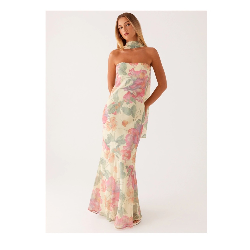 Peppermayo Strapless Floral Maxi Dress in Cream, Pink, Green